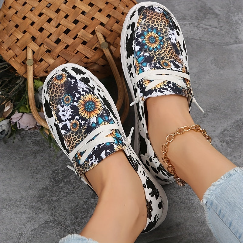 Women's Cow & Sunflower Print Canvas Loafers Lightweight Sneakers