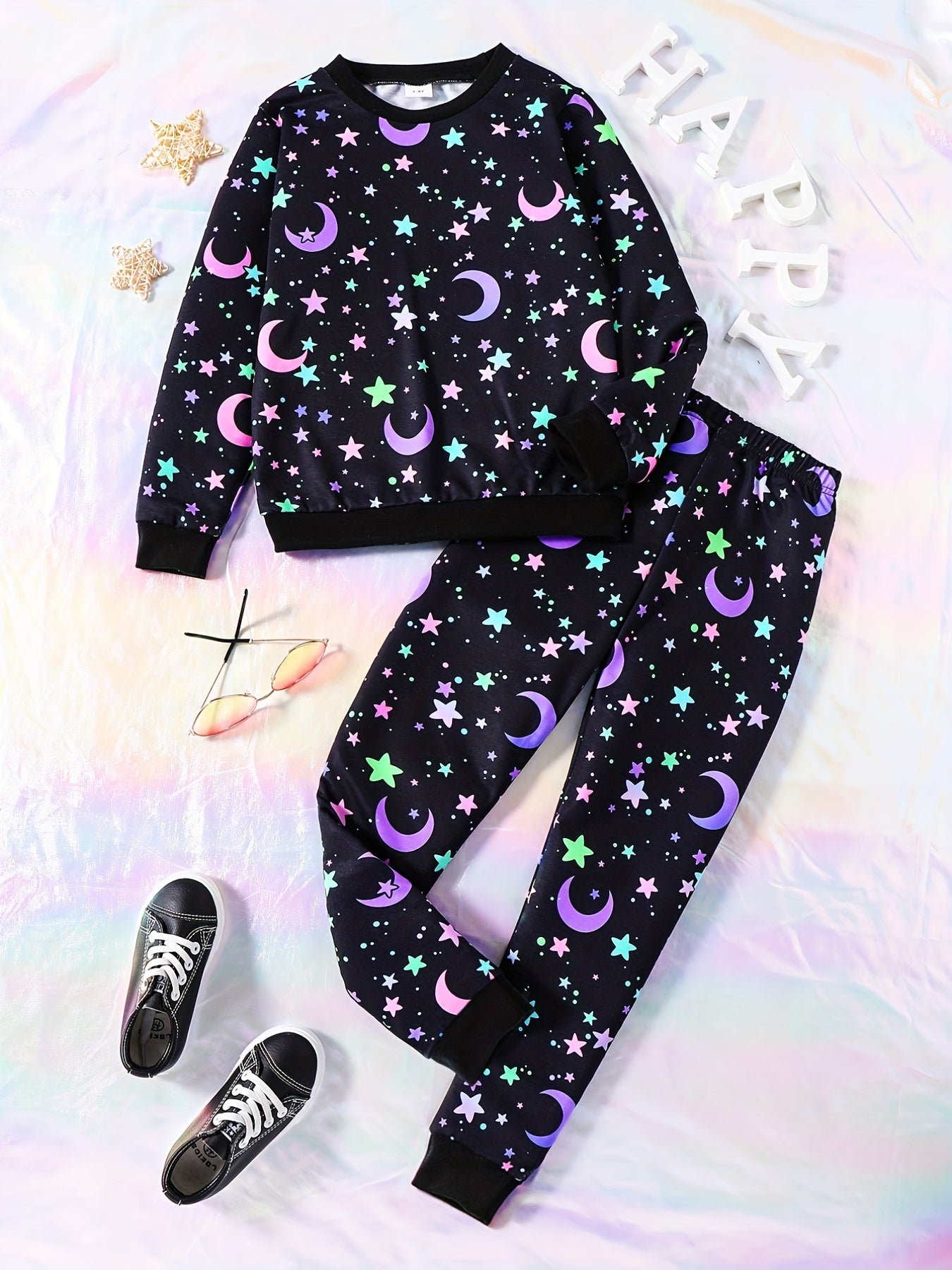 Star & Moon Reflective Girl's 2pcs Sweatshirt & Sweatpants Set