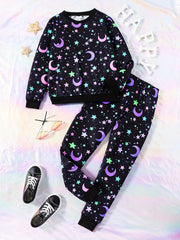Star & Moon Reflective Girl's 2pcs Sweatshirt & Sweatpants Set