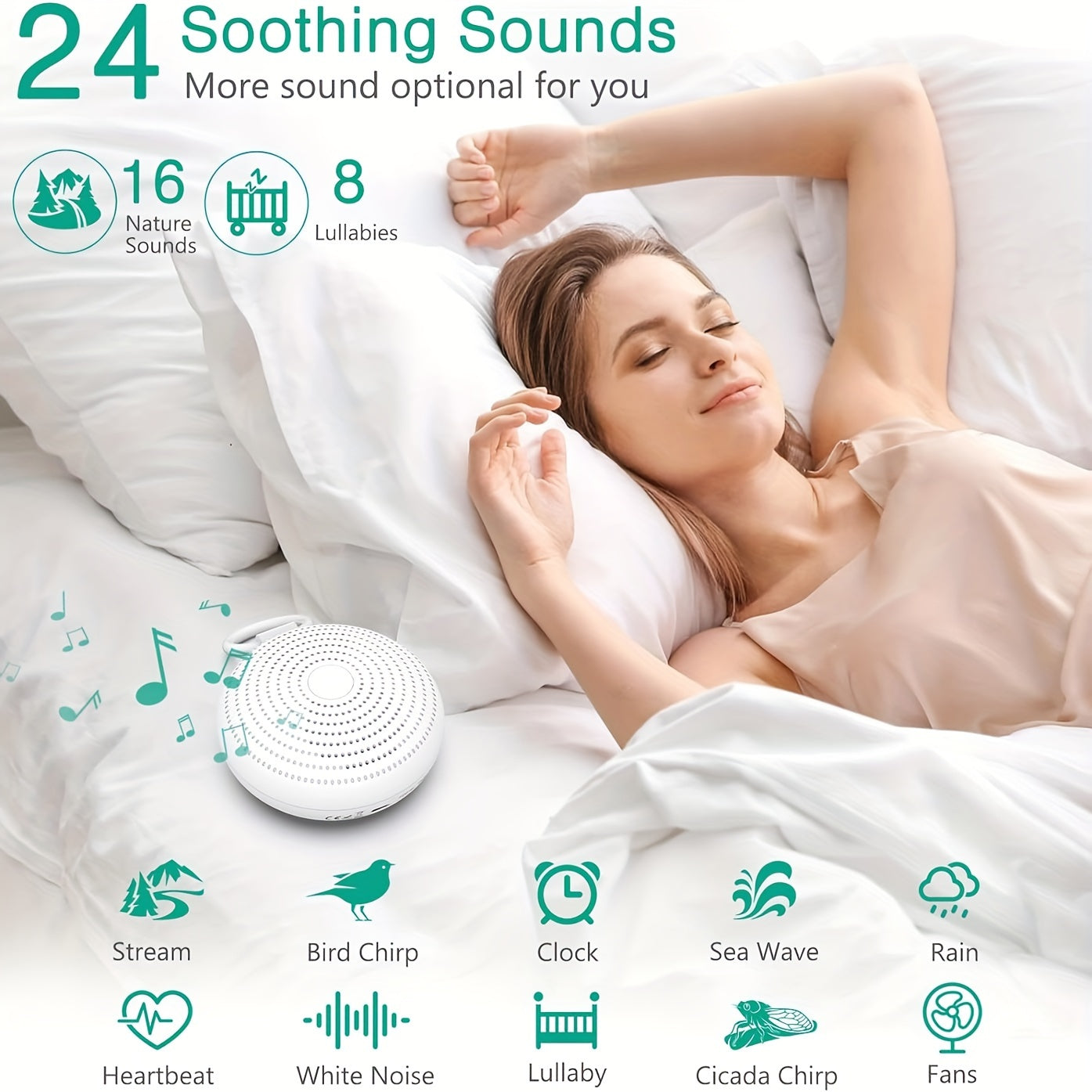 SA18 Noise Sound Machine 24 Options Night Light Hook USB Rechargeable