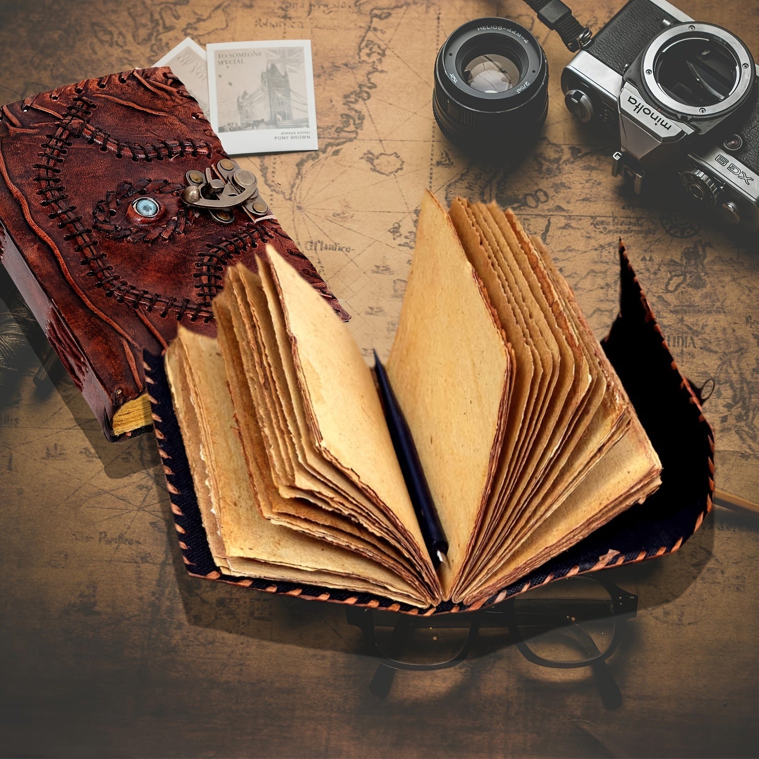 Vintage Leather Journal Antique Brown Deckle Edge Paper Embossed Cover