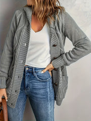  Solid Long Sleeve Hooded Sweater Cardigan