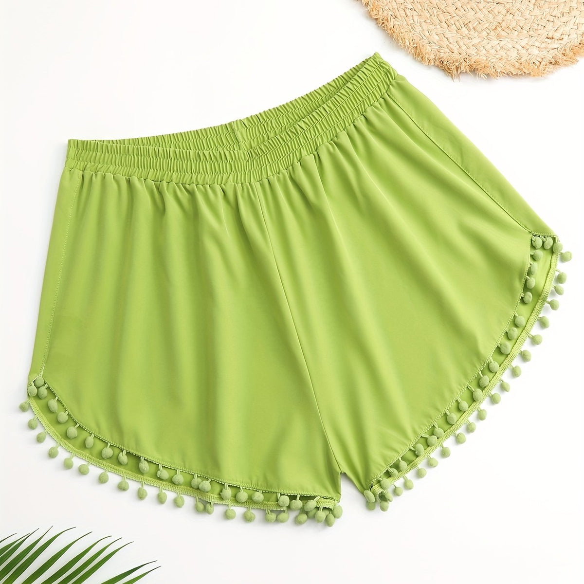  Boho Shorts Women's Plus Pompom Trim Stretch Shorts