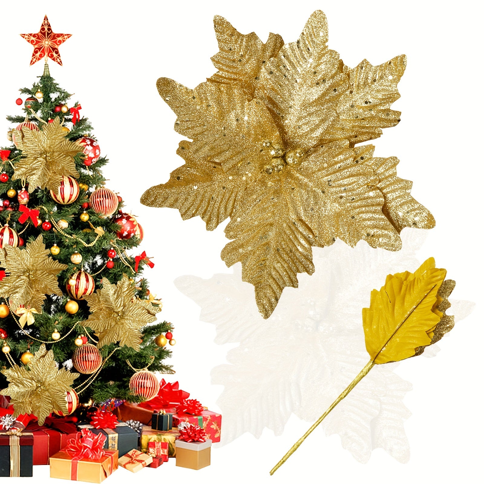 4pcs Golden Brown Red Silvery Poinsettia Flower Artificial Christmas Ornament