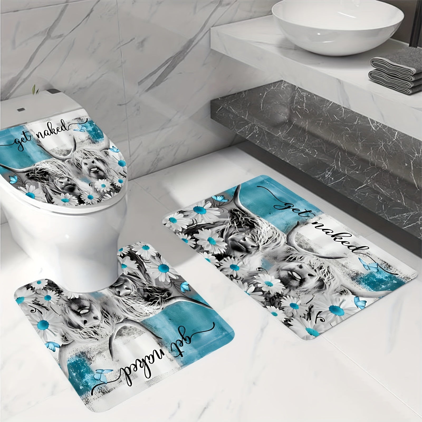 Highland Cow Shower Curtain Toilet Seat Bath Mat Set