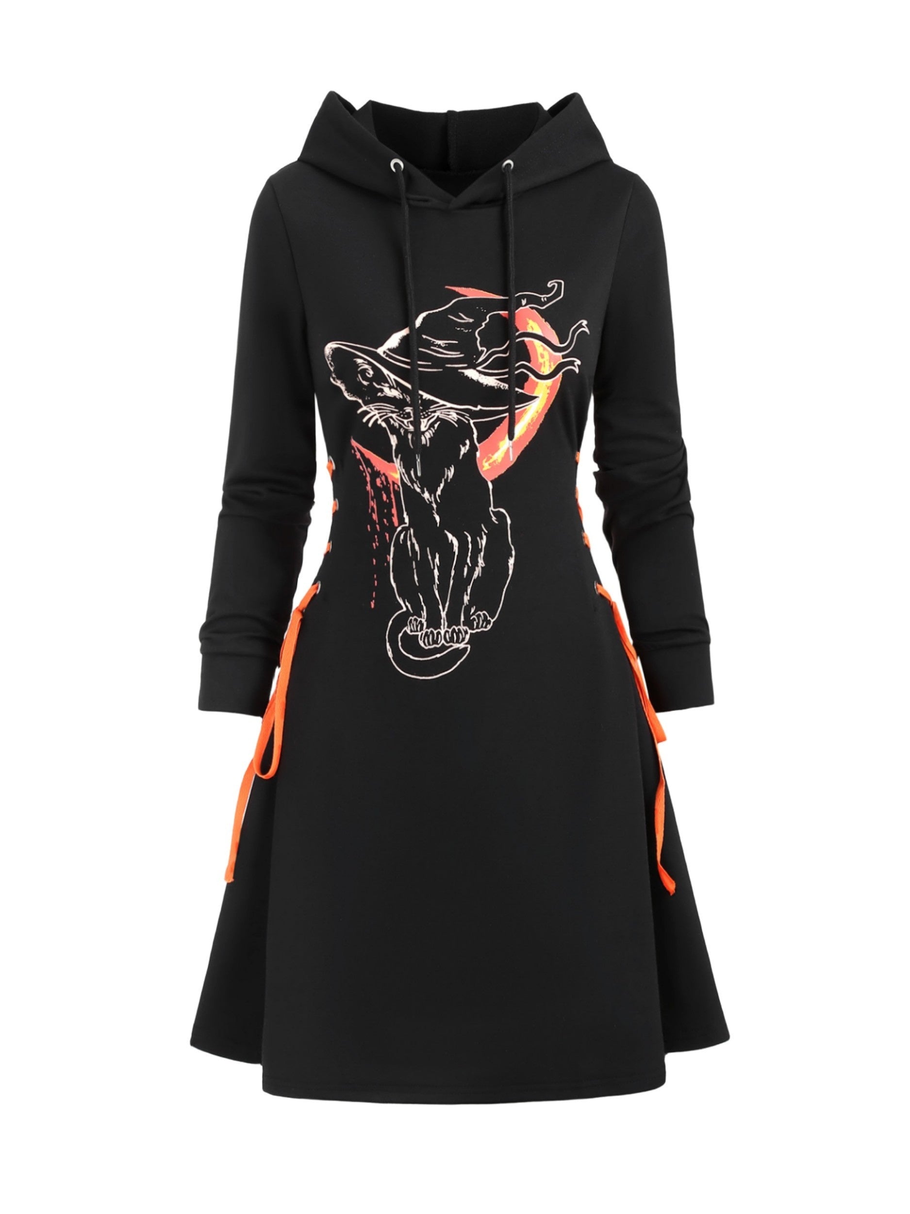  Goth Dress Women's Plus Witch Cat & Moon Print Lace Up Long Sleeve
