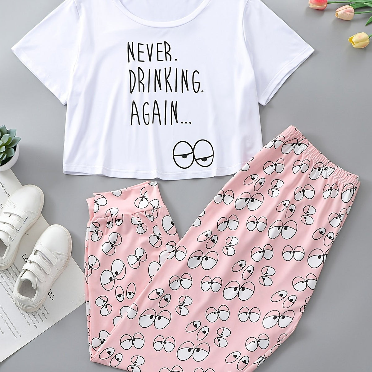  Casual Pajamas Set Women's Plus Tee & Cartoon Eye Print Pants 2pcs