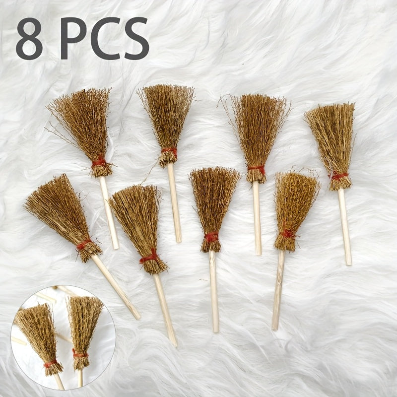 8pcs Mini Bamboo Broom Witches Hat & Star Halloween Party Decor