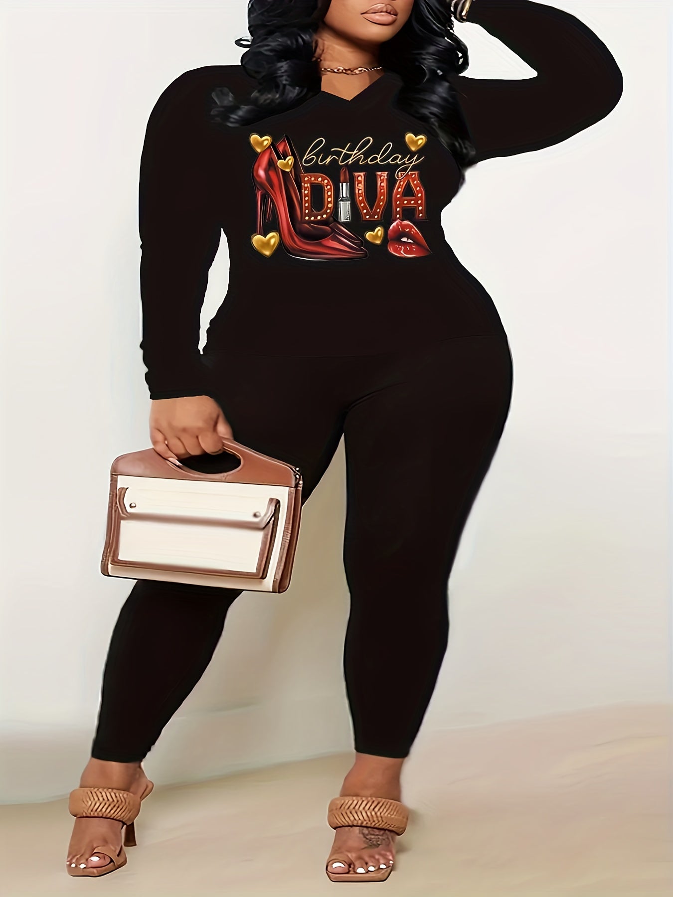Women's Plus Graphic Print Long Sleeve Top & Leggings Set