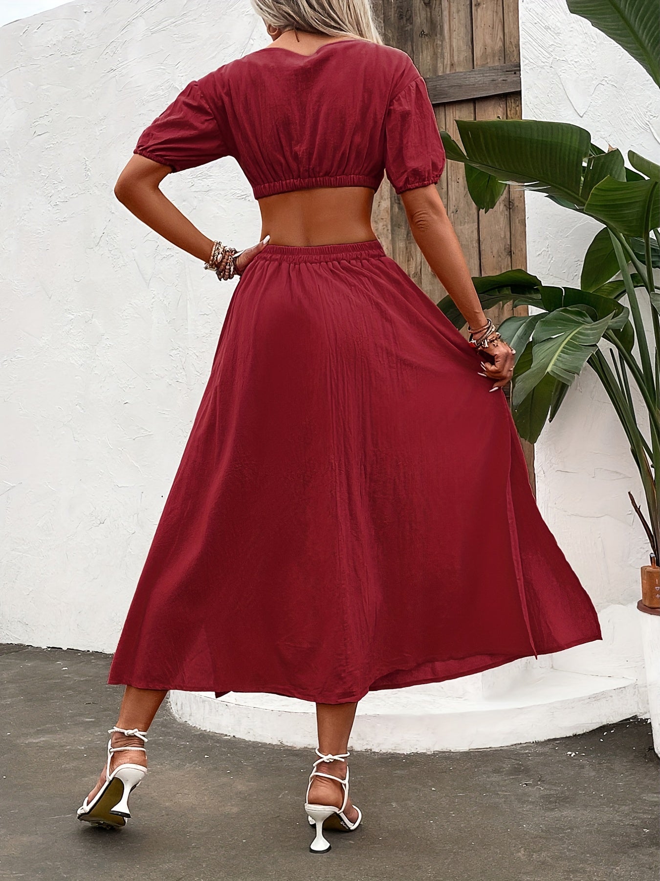 Solid Two Piece Set Crop Top & Split Skirt Outfit