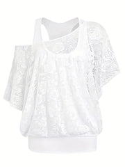 Lace Ruffle Trim Blouse & Tank Top Set Women's Clothing