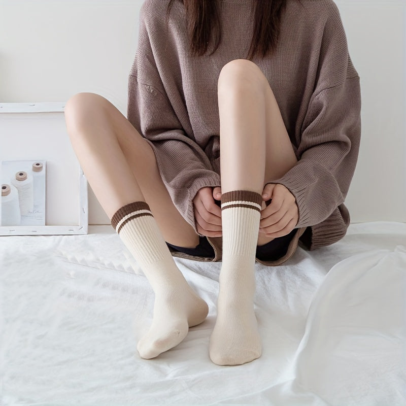 5 Pairs Striped Trim Socks Comfy & Breathable Women's Stockings