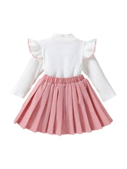 Preppy Girl's Bowknot Top & Skirt Set Ruffle Casual Outfits