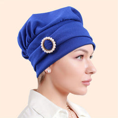 Faux Pearl Decor Turban Caps Solid Hijab Head Scarf Elastic Bonnet Headband