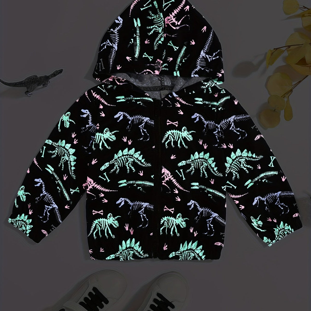 Luminous Dinosaur Print Boys Hoodie Zip Sweatshirt Pocket