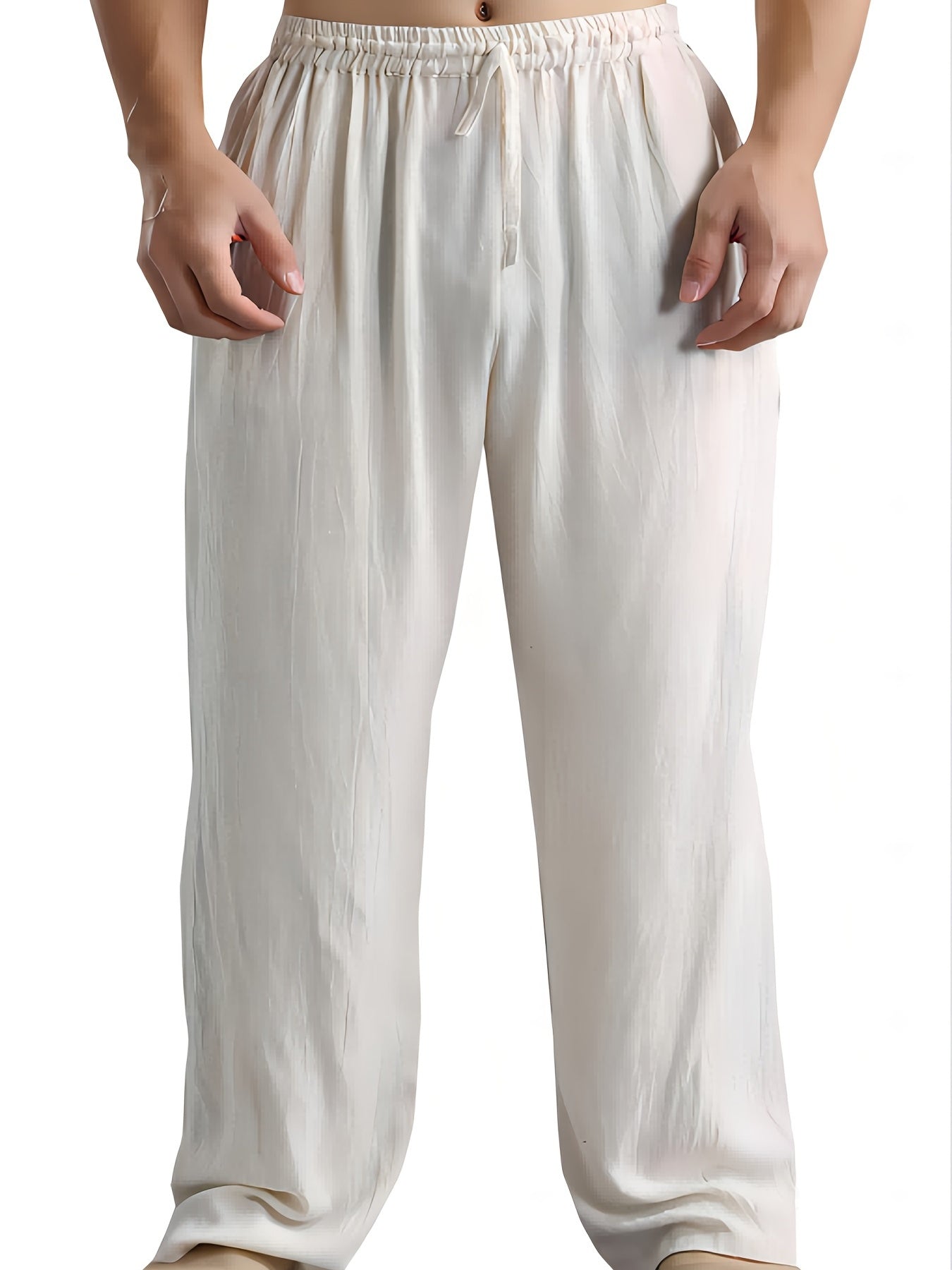 Men's Cotton Linen Wide Leg Beach Pants Drawstring Casual Yoga Trousers