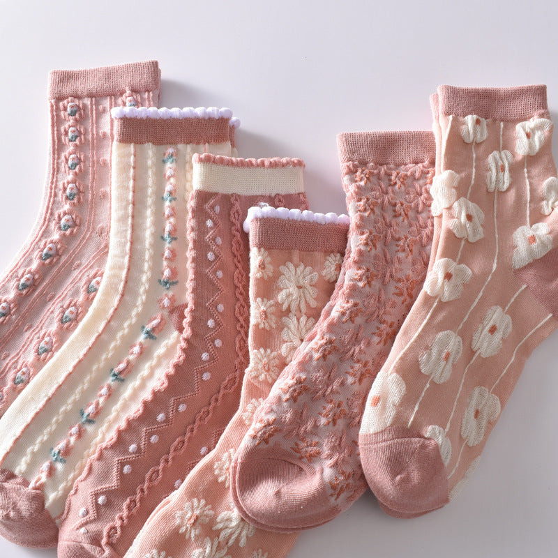 6 Pairs Flower Bubble Cable Crew Socks Lightweight & Comfy Mid tube Socks