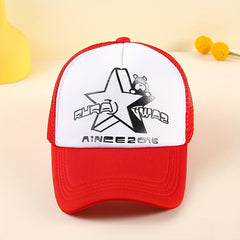 Cartoon Bear Print Trucker Hat Anime Mesh Baseball Cap Red