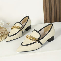Women's Chain Chunky Heel Loafers Point Toe Canvas Dress Shoes