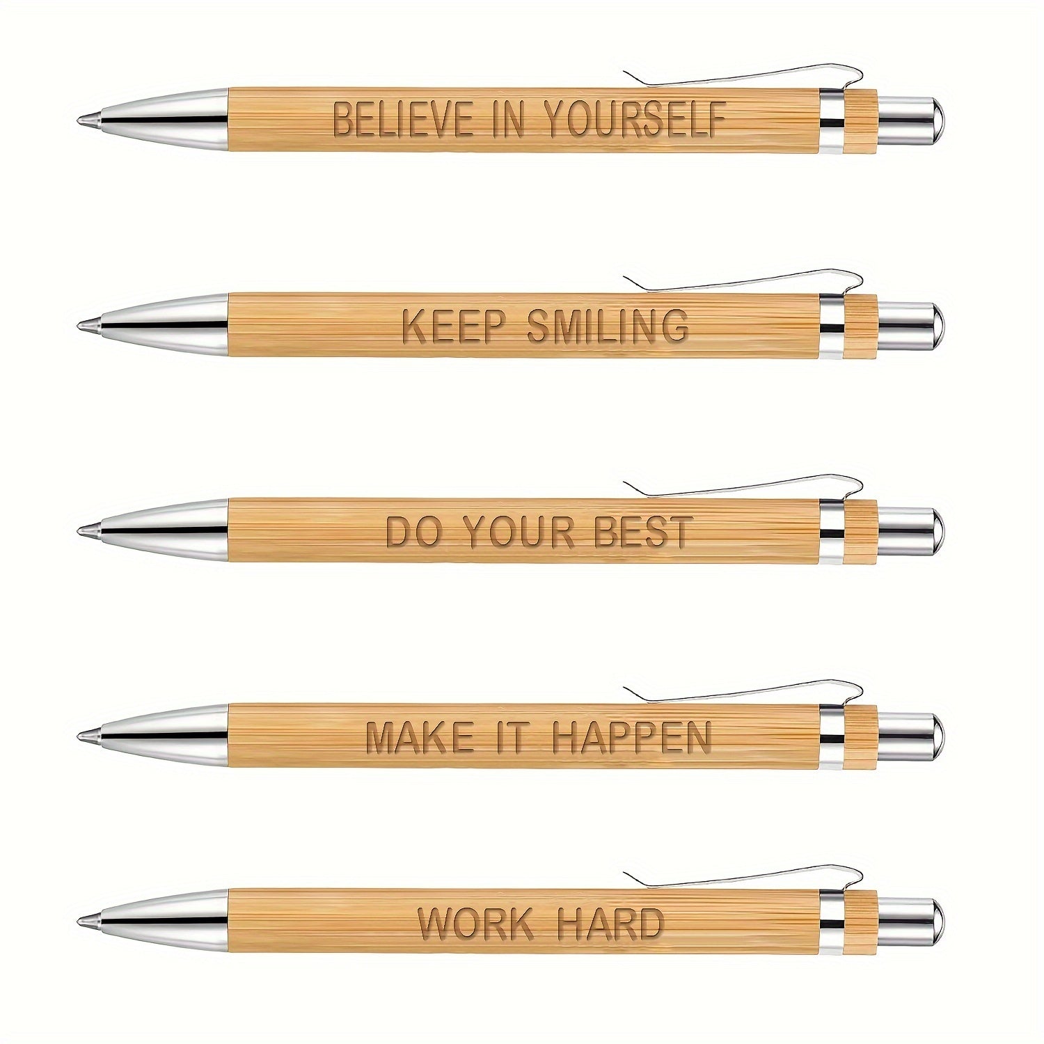 5pcs Bamboo Pens Laser Engraved Thank You Motivational Quotes Ballpoint Pens