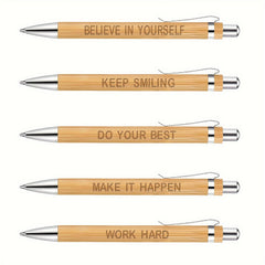 5pcs Bamboo Pens Laser Engraved Thank You Motivational Quotes Ballpoint Pens