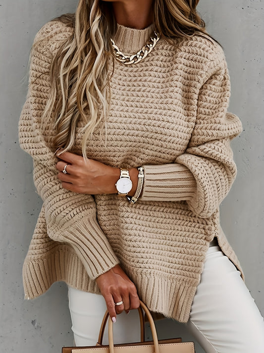 Chunky Knit Mock Neck Sweater Split Pullover for Fall & Winter Women's Clothing