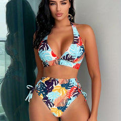 Leaf Print Halter Neck Bikini Set V Neck High Cut Tie Side Cut Out Swimsuit