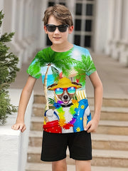 3D Hawaii Puppy Graphic Short Sleeve T shirt Loose Fit Pullover For Boys Girls