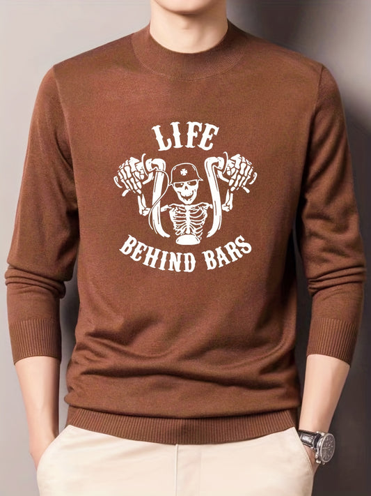 Skeleton Bike Print Knitted Sweater Men's Casual Warm Crew Neck Pullover