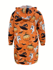  Pumpkin & Ghost Print Hooded Dress