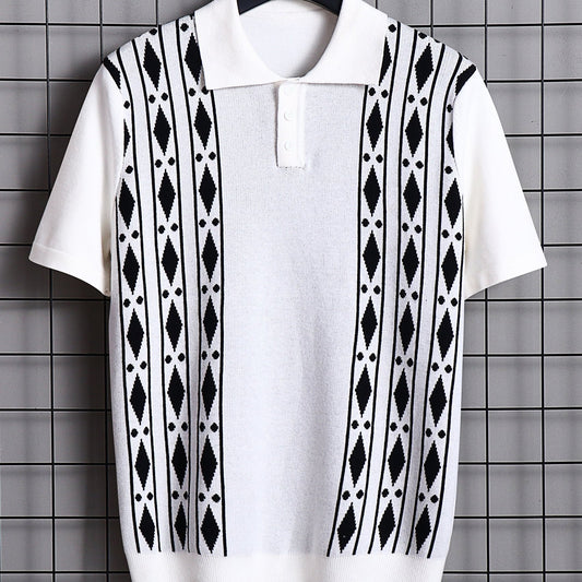 Turn Down Collar Shirt Contrast Buttons Short Sleeve Knit Shirt
