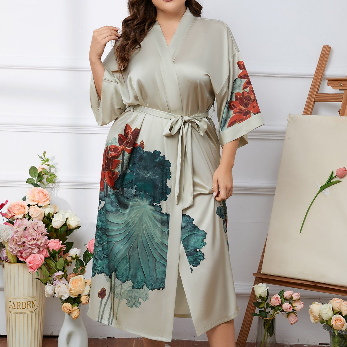  Women's Lotus Print Satin Nightgown with Belted Robe