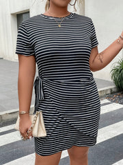  Casual Stripe Print Short Sleeve Wrap Bodycon Dress