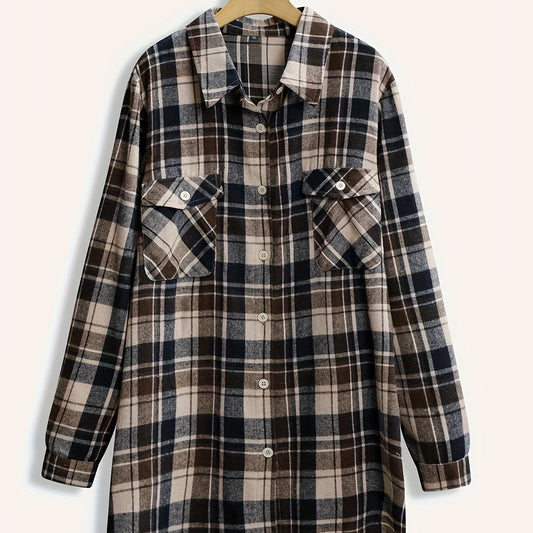 Plaid Print Button Up Long Sleeve Blouse Plus Size