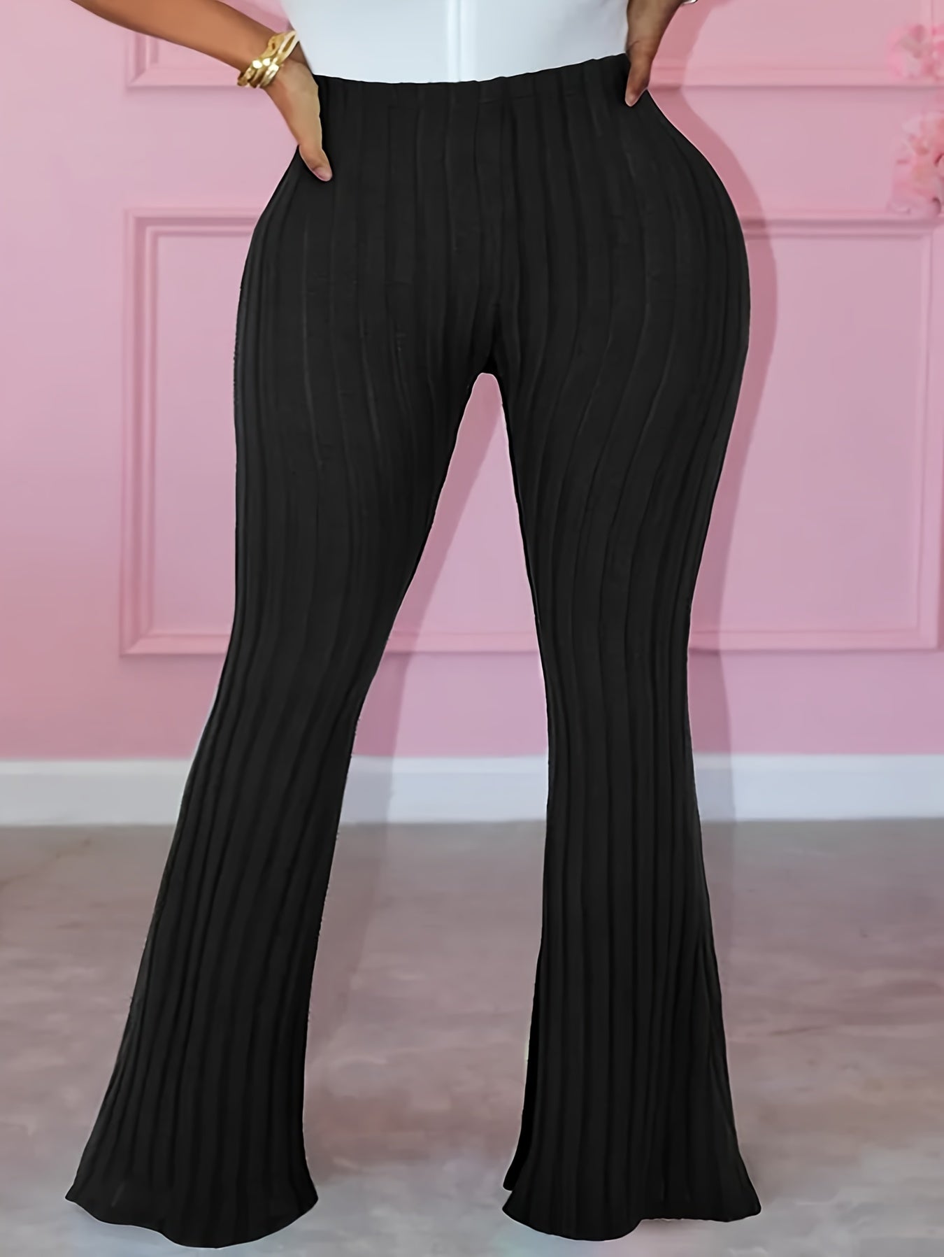  Ribbed High Rise Flared Leg Trousers