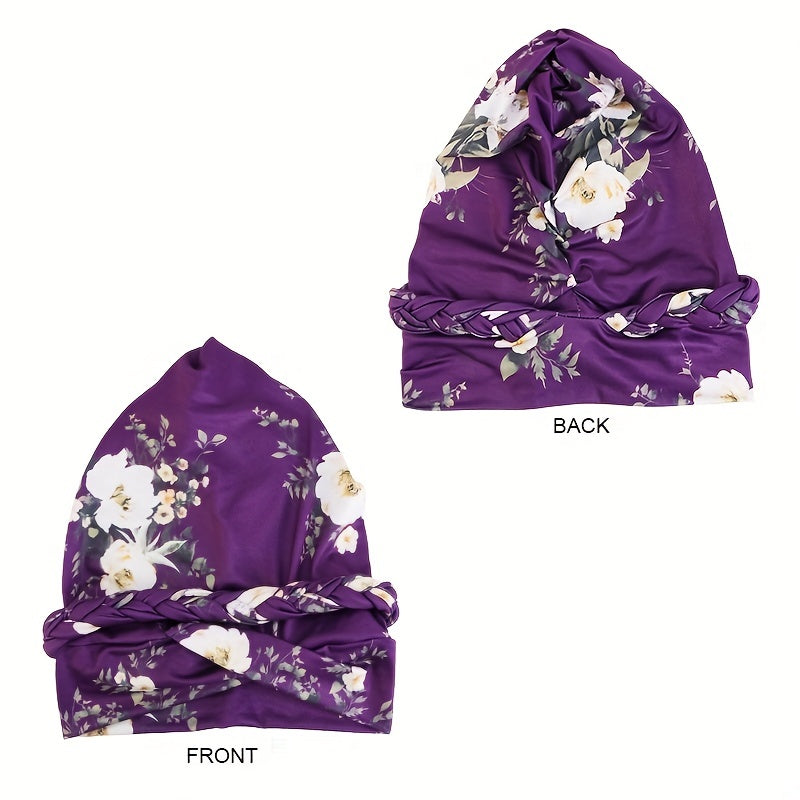 Flower Print Turban Cap Pre tied Braided Head Wrap Elastic Bonnet