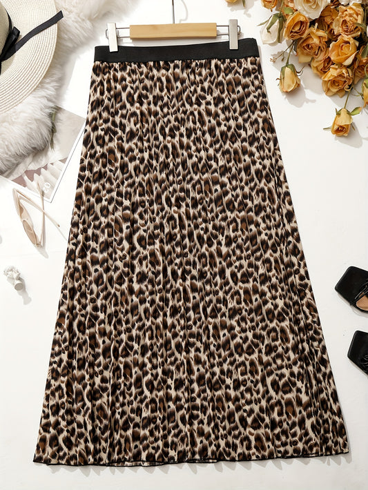  Leopard Print Elastic Waist A-line Pleated Skirt