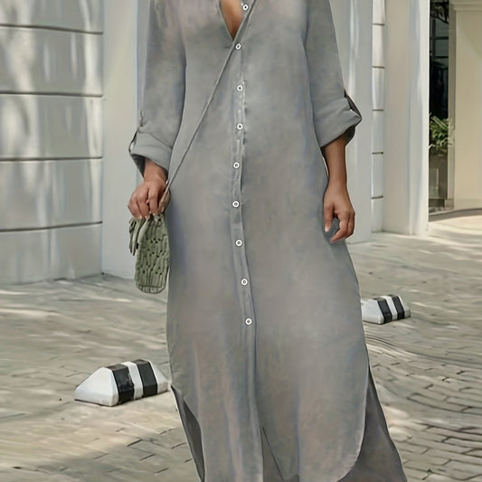  Solid Long Sleeve Maxi Shirt Dress