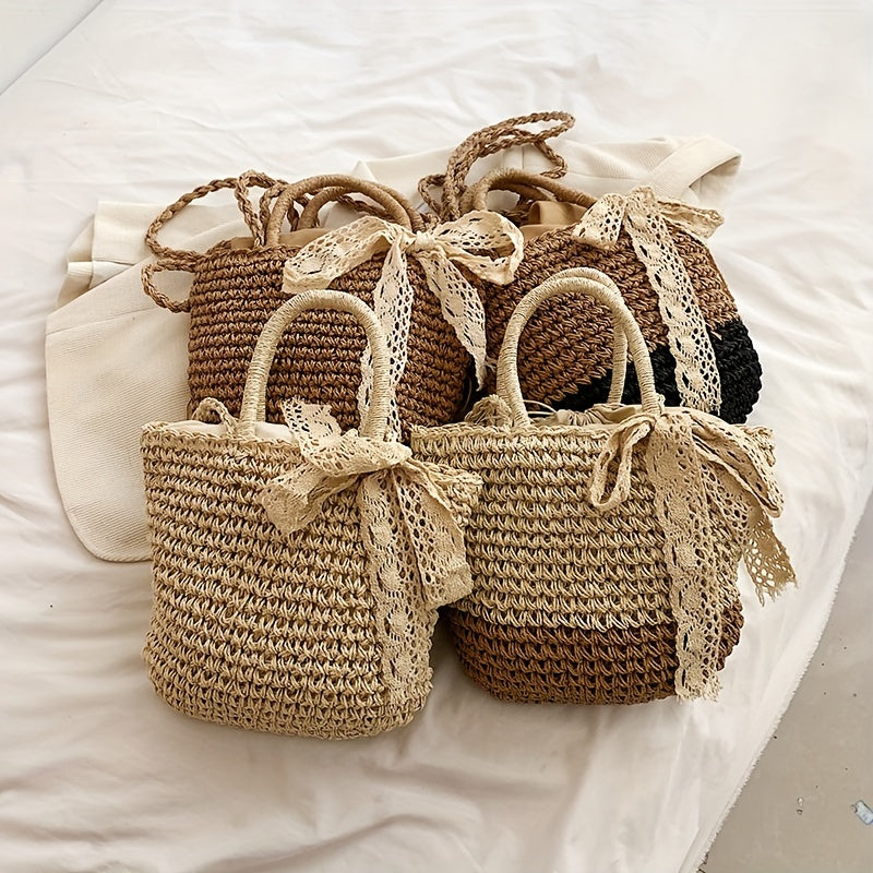 Straw Beach Bag Drawstring Bucket Shoulder Bag Boho Style Handbag