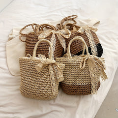 Straw Beach Bag Drawstring Bucket Shoulder Bag Boho Style Handbag
