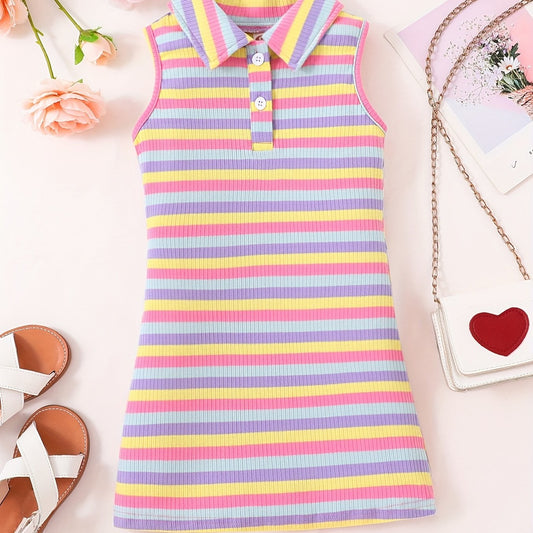 Rainbow Striped Ribbed Knit Polo Neck Dress for Toddler Girls