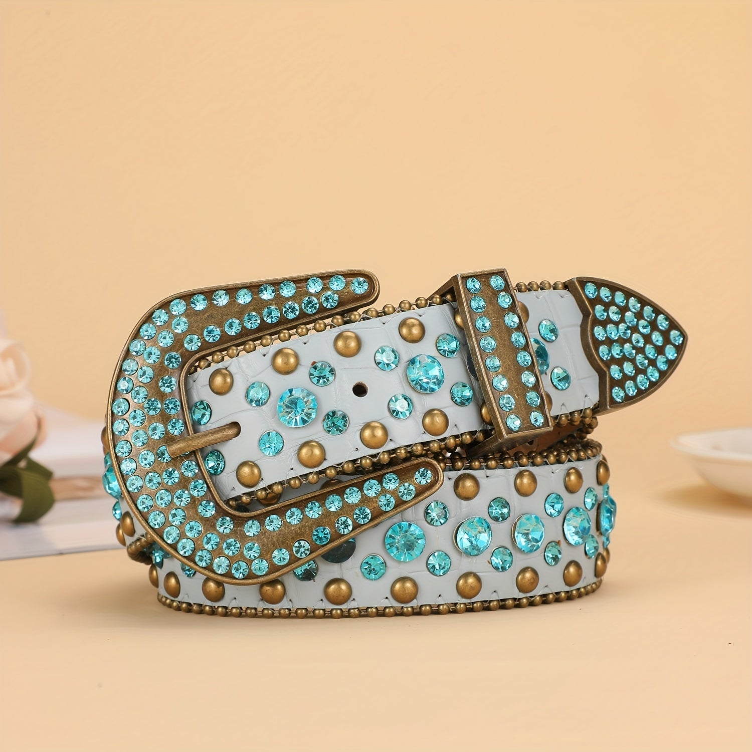 Y2K Rhinestone Belt Crocodile Leather Vintage Cowgirl Cowboy Jeans Dress