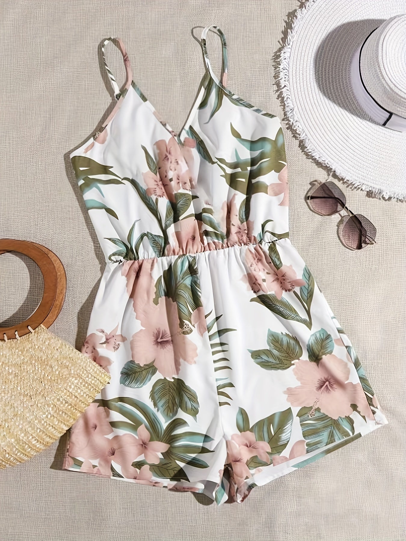 Striped Print V neck Cami Romper Jumpsuit Casual Sleeveless
