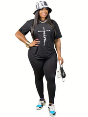  Letter Print T-Shirt & Skinny Pants Set - Women's  Casual
