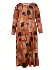  Patchwork Print Long Sleeve Maxi Dress