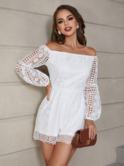 Solid Lace Off Shoulder Long Sleeve Romper