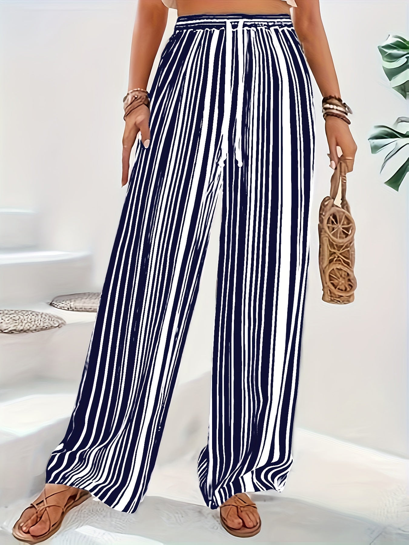  Stripe Print Wide Leg Drawstring Pants
