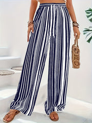  Stripe Print Wide Leg Drawstring Pants