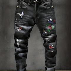 Men's Embroidered Denim Jeans Slim Straight Stretch Pants