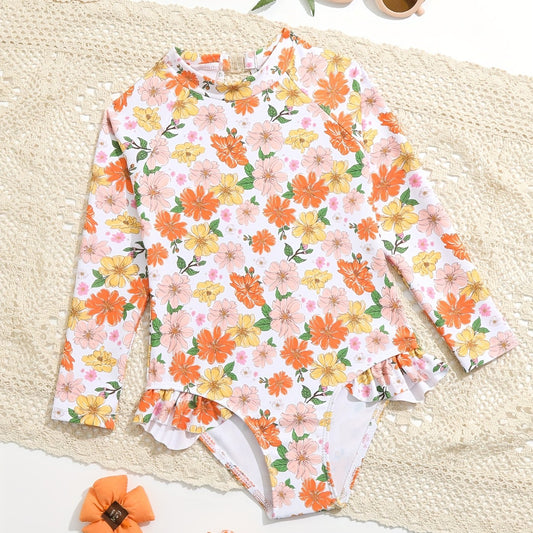 Toddler Girls Floral Ruffle Swimsuit with Cut Out Back